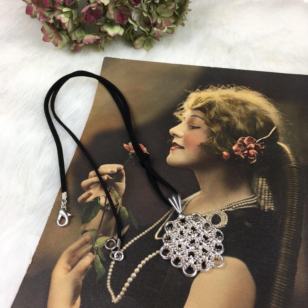 Sterling Silver Chain Maille Flower Necklace - Picture 4 of 7